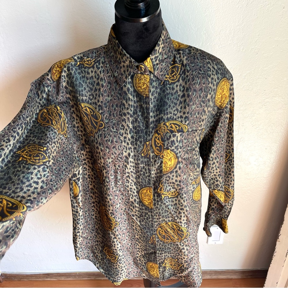 Sunny Leigh Vintage Baroque Animal Print 100% Silk Button  Blouse Sz Med - Picture 3 of 10